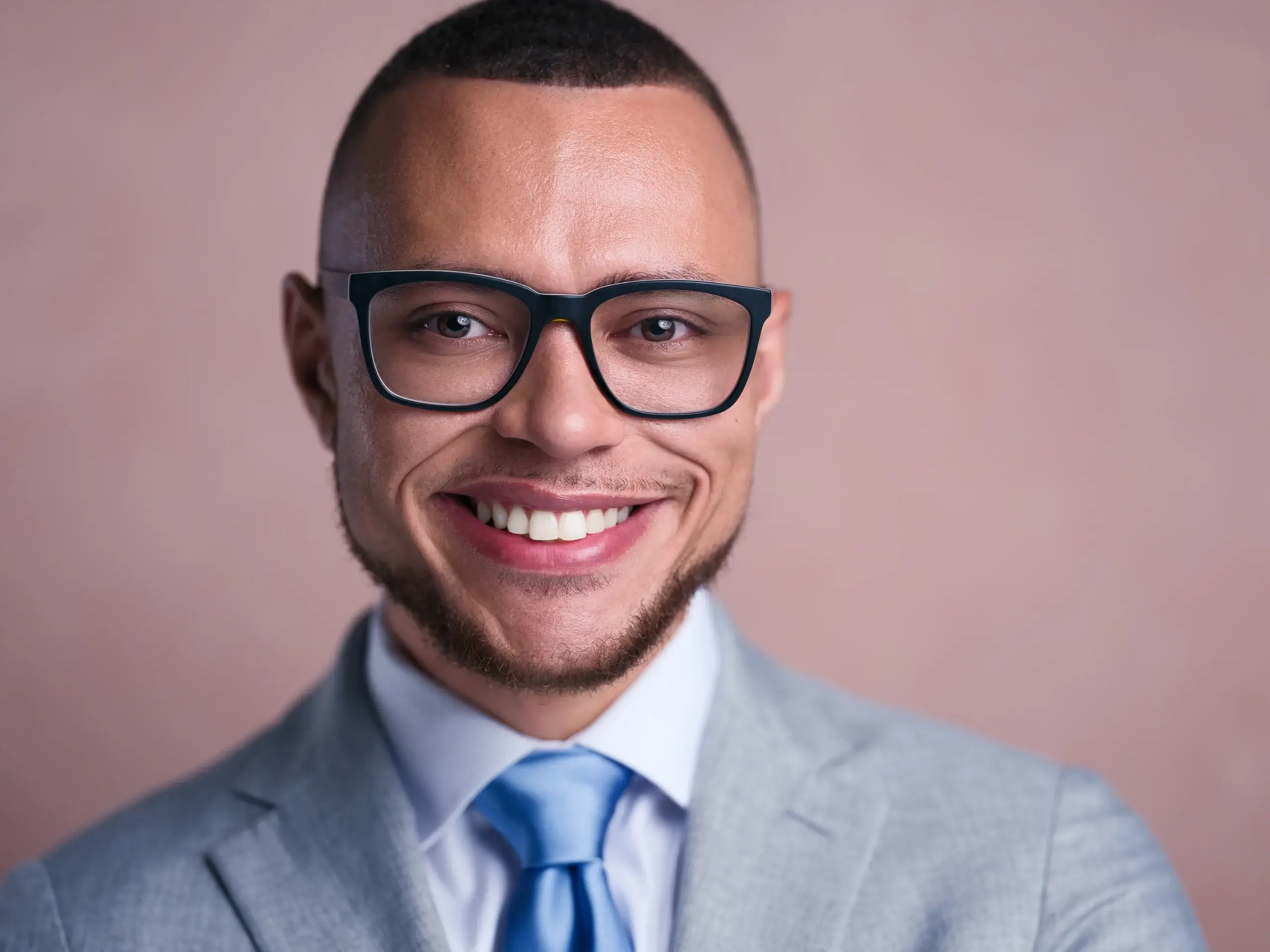 Houston headshot of a smiling man in black glasses, a light gray suit, and a blue tie on a pink backdrop